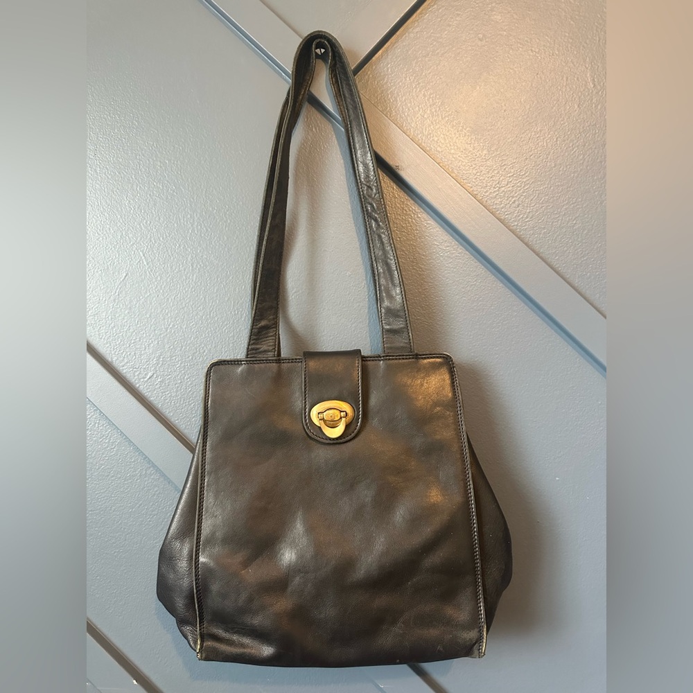 Vintage 90s Tumi Black Leather Hobo Tote Purse with Brass Buckle